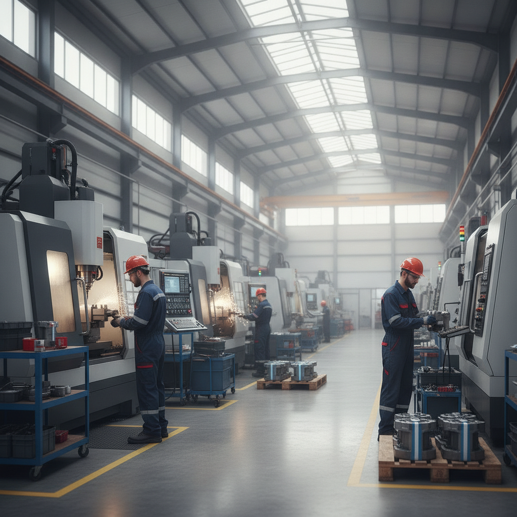 Skilled workers operating machinery on a modern American manufacturing floor